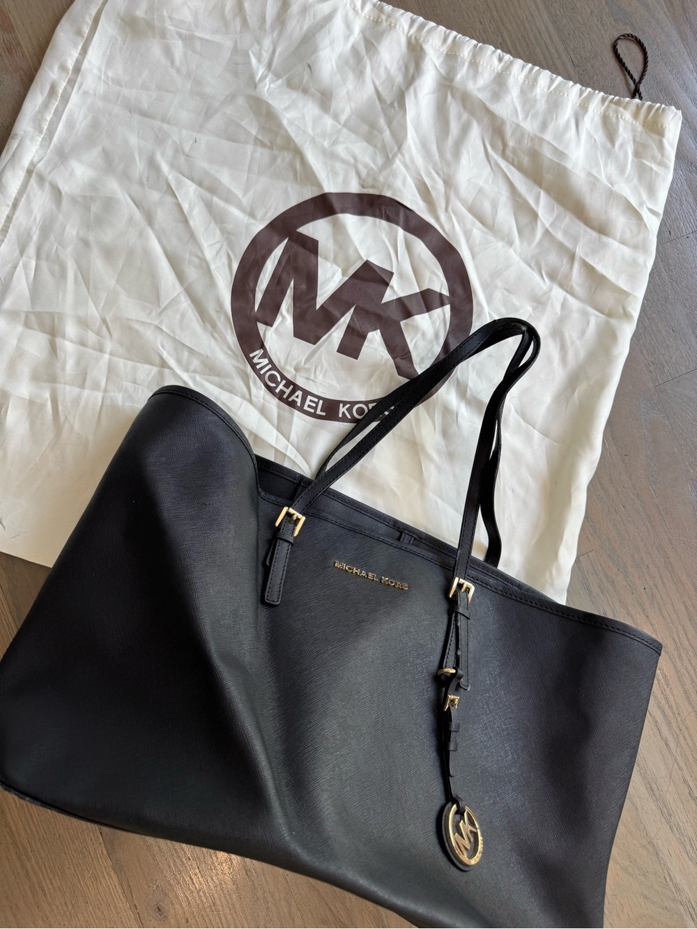Michael Kors Black Saffiano Leather Shopper Tote with Gold Accent